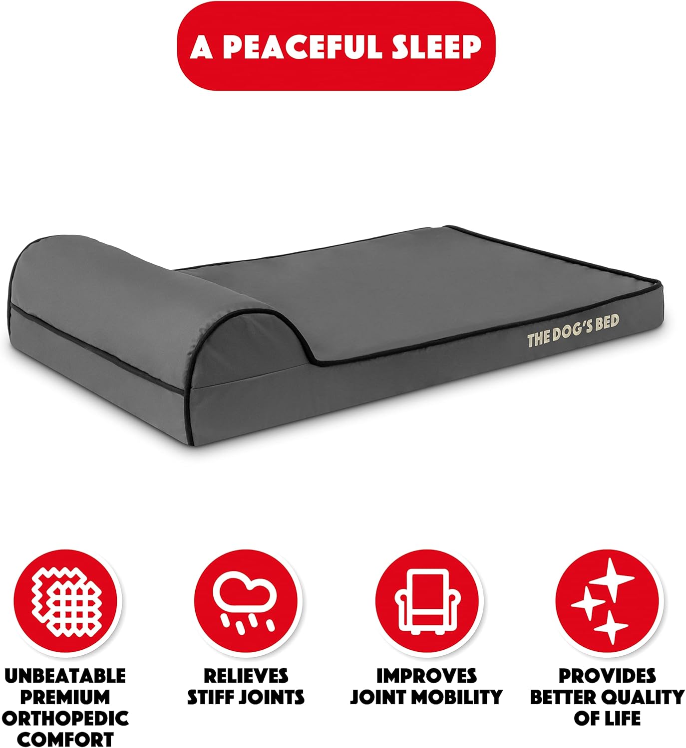 The Dog’s Bed Orthopedic Headrest Dog Bed Med Grey/Black 34x22, Memory Foam, Pain Relief: Arthritis, Hip & Elbow Dysplasia, Post Surgery, Lameness, Veterinary Approved, Waterproof Washable Cover