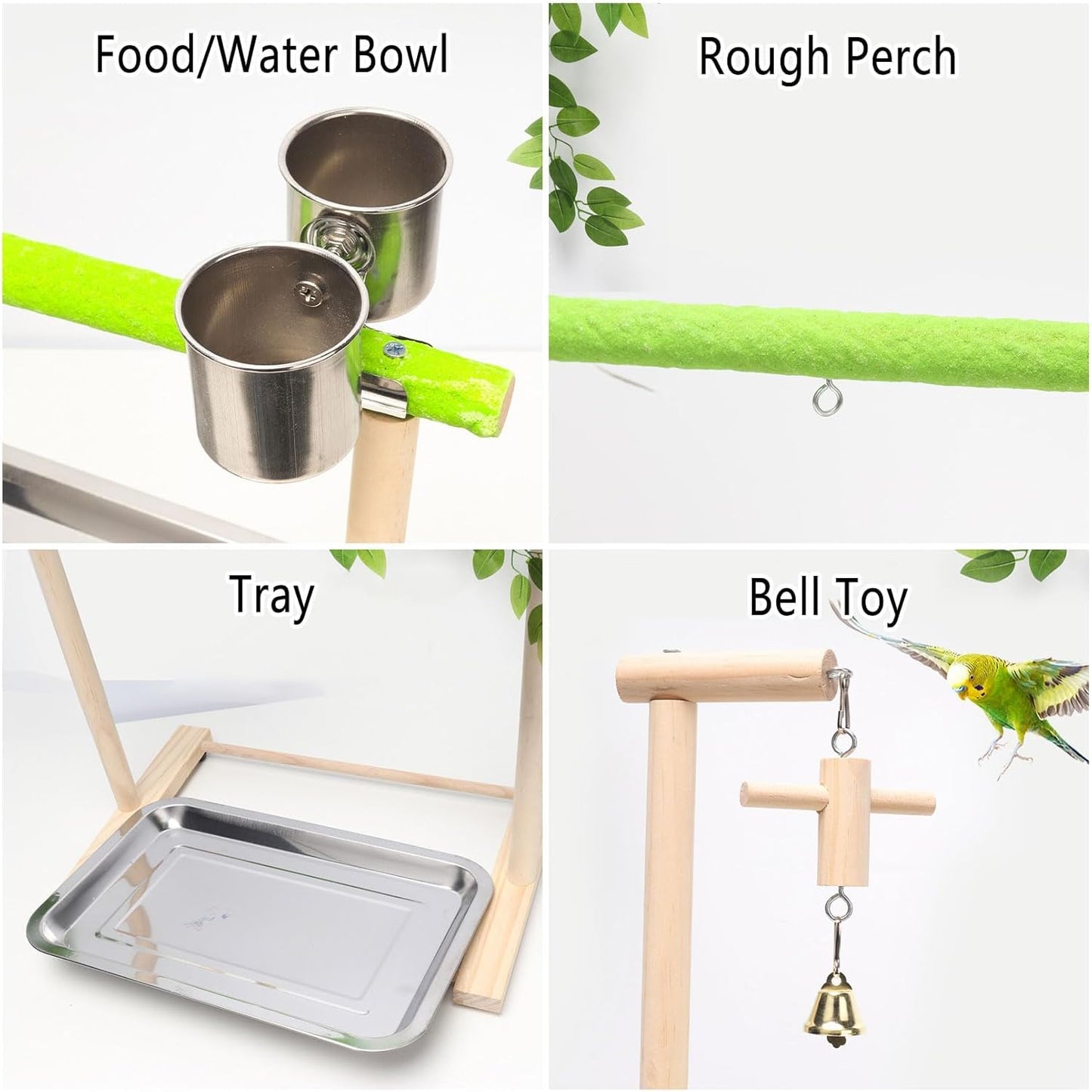 Bird Palyground, Parrot Playstand Natural Wood, Bird Perch Stand Gym with Feeder Cups and Removable Tray, Bird Cage Accessories for Parakeets Cockatiels Lovebirds