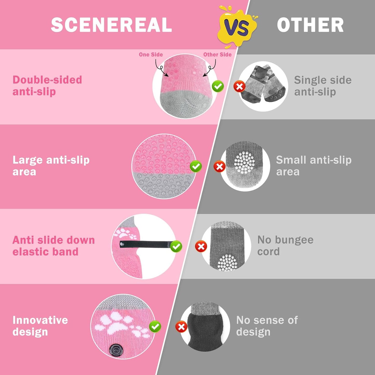 SCENEREAL Anti Slip Dog Sock to Prevent Licking Paws for Hardwood Floors, Boots & Paw Protector Shoes for Hot/Cold Pavement with Grippers, Double Sides Grips for Small Medium Large Senior Dogs, L