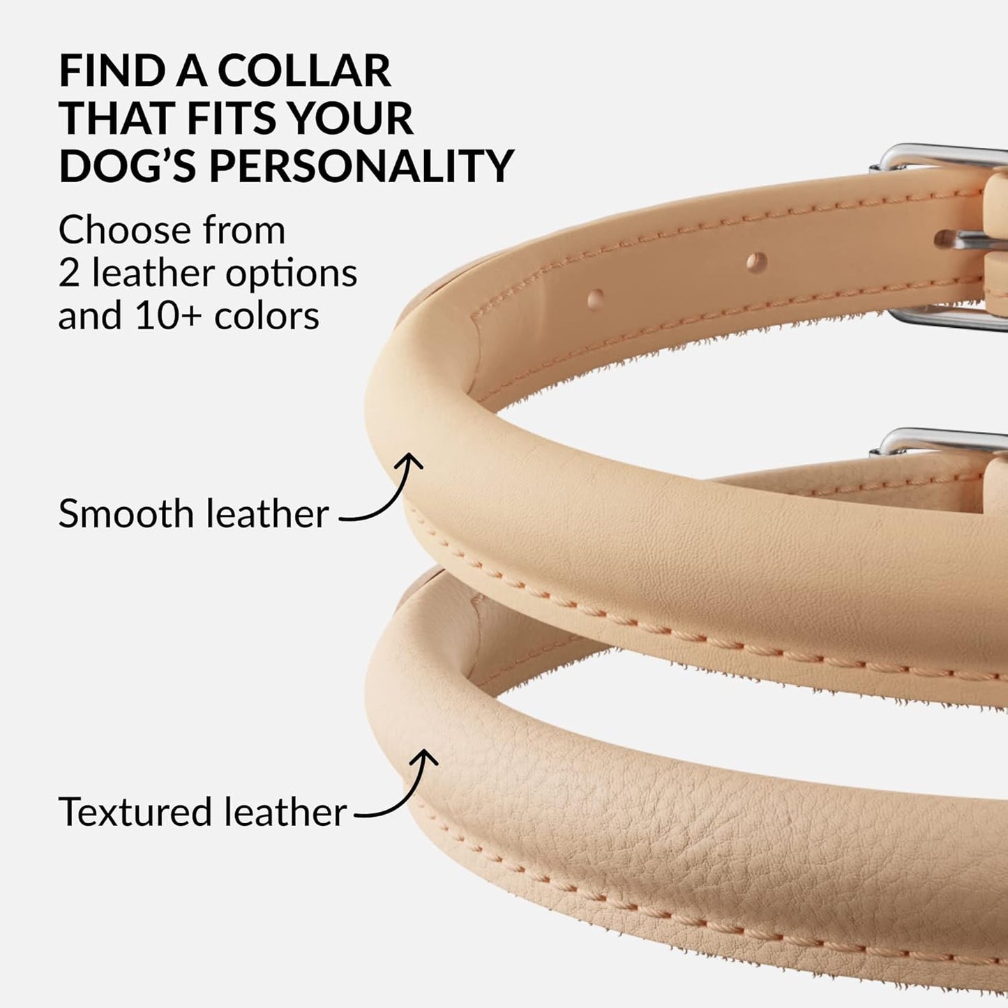 CollarDirect Rolled Leather Dog Collar, Soft Padded Round Puppy Collar, Handmade Genuine Leather Collar Dog Small Large Cat Collars 13 Colors (15-19 Inch, Beige Smooth)