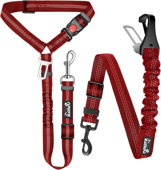 Lukovee Dog Seatbelt Leash for Cars, 2 Pack Pet Safety Seat Belt with Adjustable Buckle & Reflective Bungee, Connect Dog Harness in Vehicle Dogs Restraint Travel Daily Use (Red)