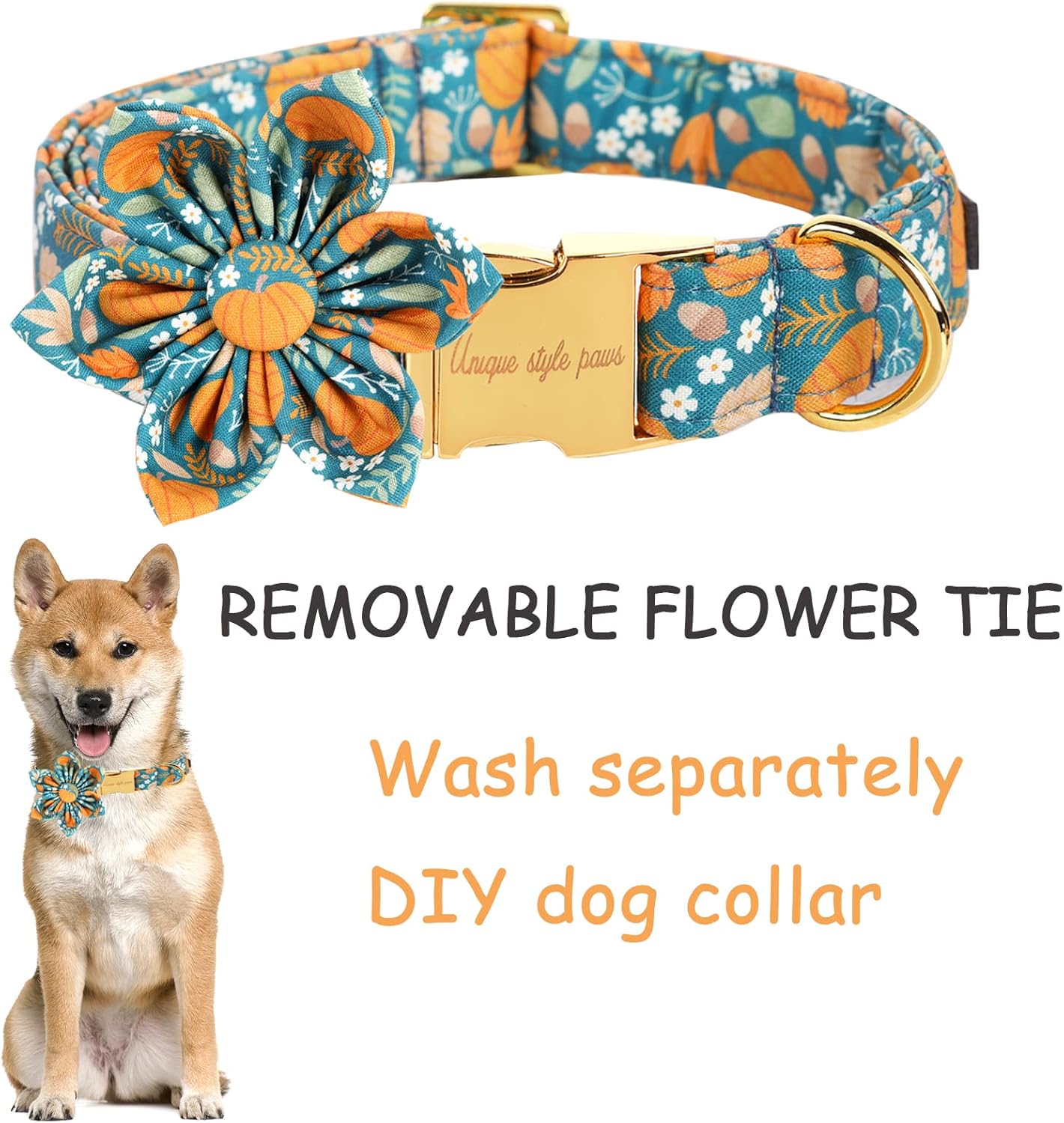 Unique style paws Halloween Dog Collar with Flower Tie Pumpkin Cotton Collar Adjustable Puppy Collar for Small Medium Large Dogs-M