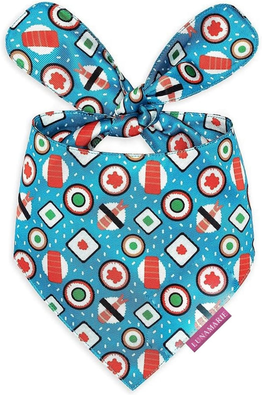 LunaMarie - Luxury Pet Birthday Bandanas -Premium & Silky Poly Fabric | 100% Handmade | Custom Shape Dual Layered (Sushi, Small)