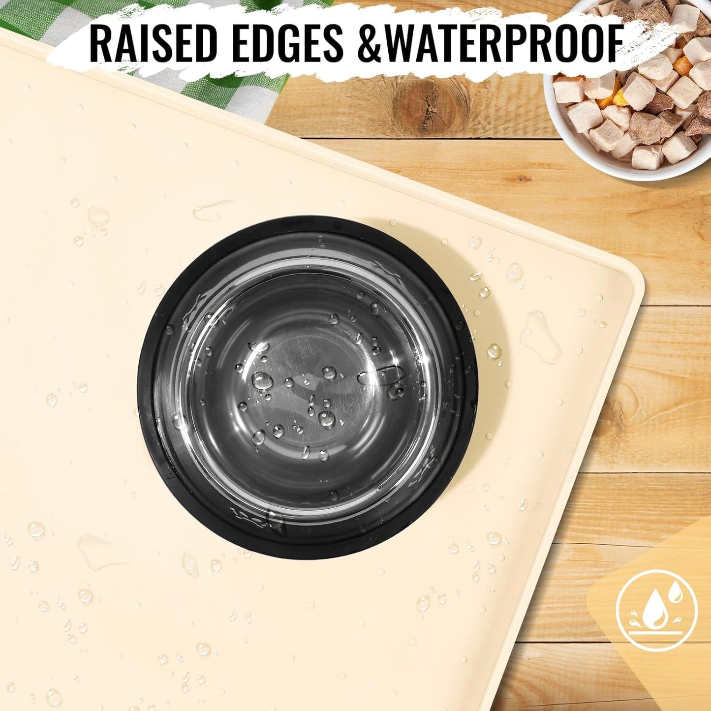 MateeyLife Dog & Cat Food Mat for Floors Waterproof, Nonslip Pets Bowl Mats for Dining and Drinking, Dogs Feeding Mats with Raised Edges, Silicone Cats Matt Tray for Messy Drinkers, 24"x16", Beige