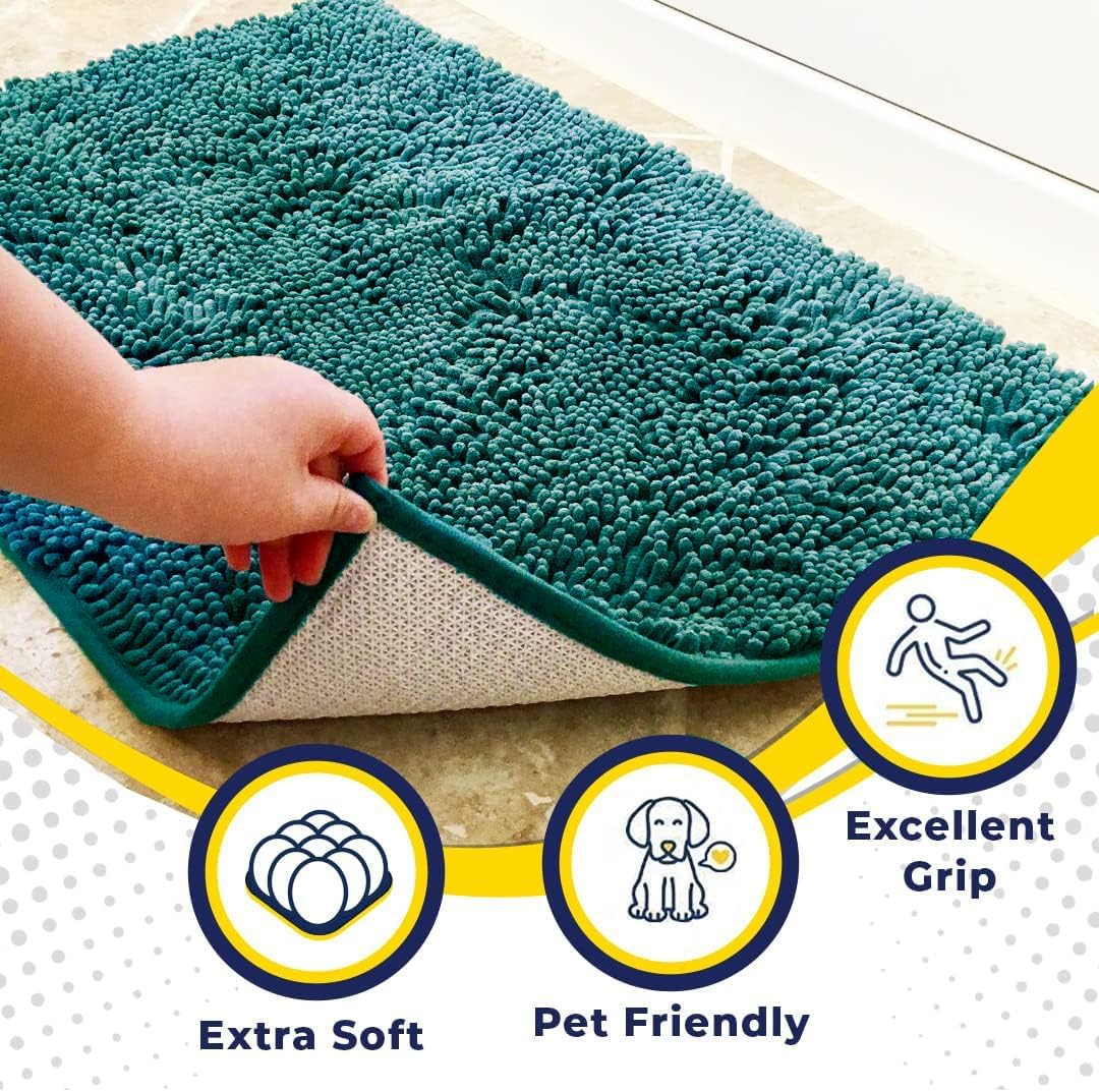 Muddy Mat® AS-SEEN-ON-TV Highly Absorbent Microfiber Door Mat and Pet Rug, Non Slip Thick Washable Area and Bath Mat Soft Chenille for Kitchen Bathroom Bedroom Indoor and Outdoor - Teal 24" x 96"