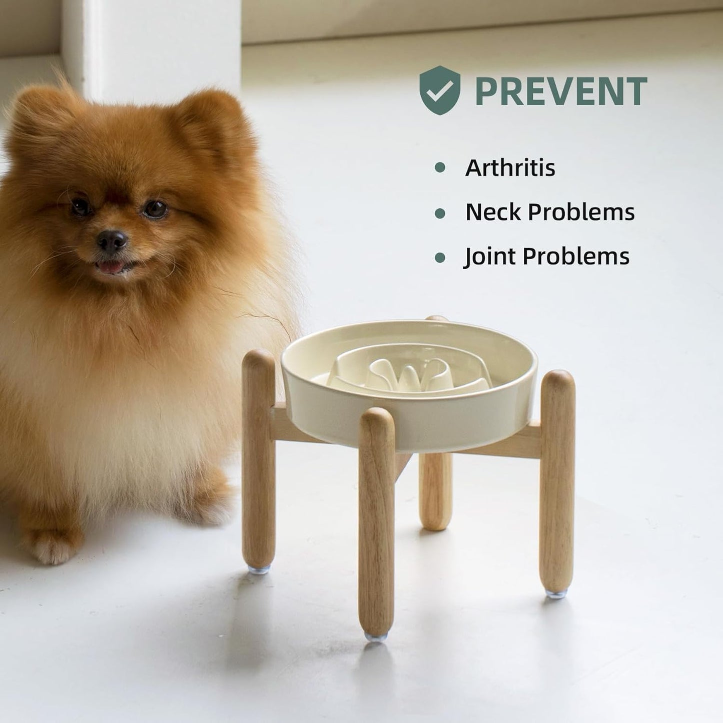 7.3inch Ceramic Raised Slow Feeder Dog Bowl Set, Elevated Wooden Stand for Medium and Small Dog, Puzzle Slow Dish, Anti-Gulping(Beige, Single Bowl+ Stand)
