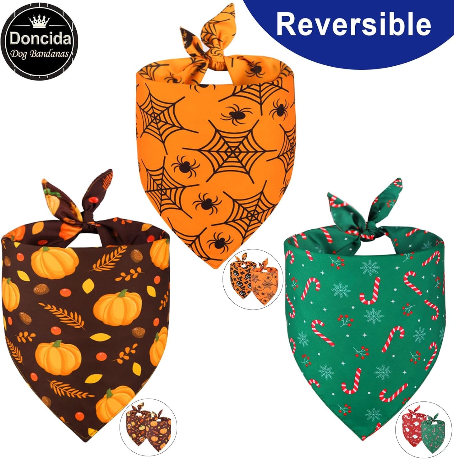 Doncida Halloween Dog Bandana and Thanksgiving Christmas Dog Bandanas 3 Pack, 6 Pattern Reversible Triangle Scarf for Small and Medium Dogs, Premium Durable Fabric Bibs for Pets (Small)