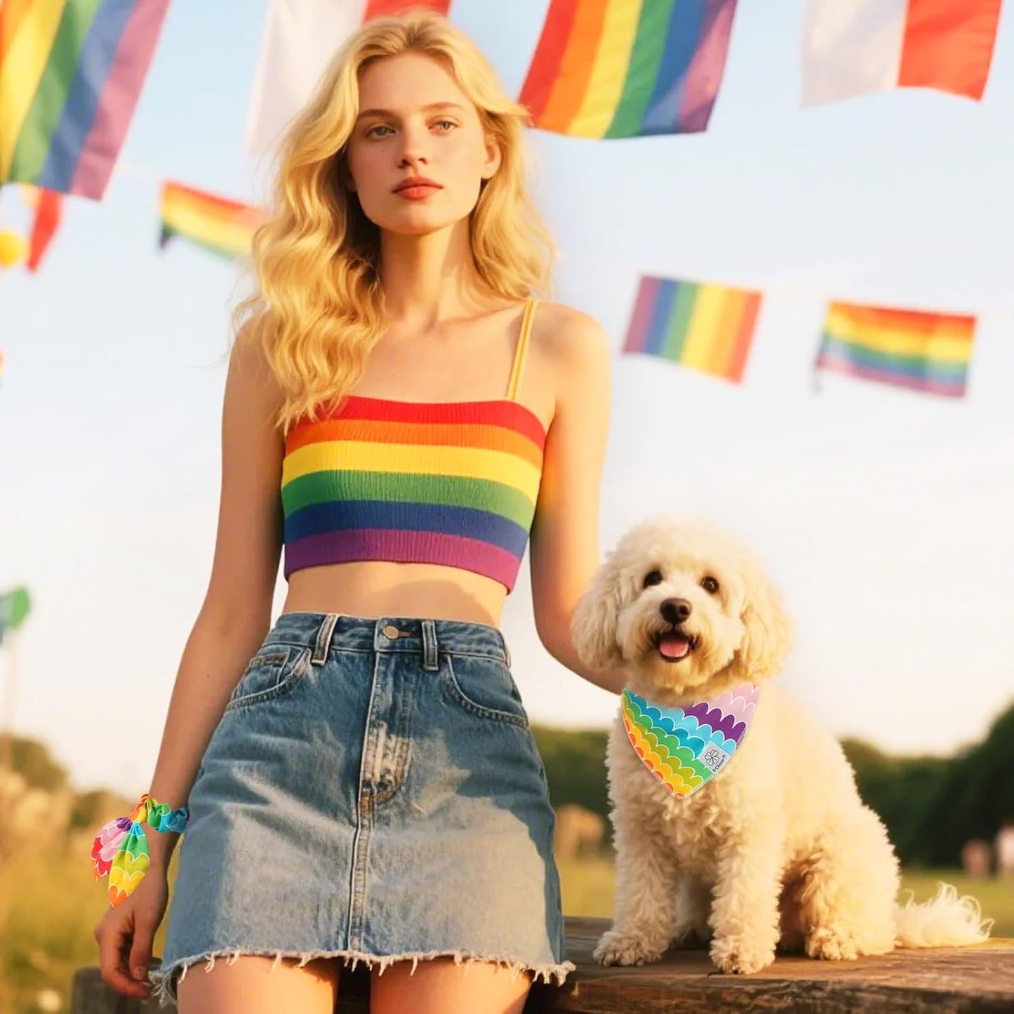 E-Clover Rainbow Dog Bandanas & Matching Scrunchie Set Girl Cute Pride Dog Scarf Bibs Pet Bandana with Bow Tie for Medium Large Dogs Owner Mom Summer