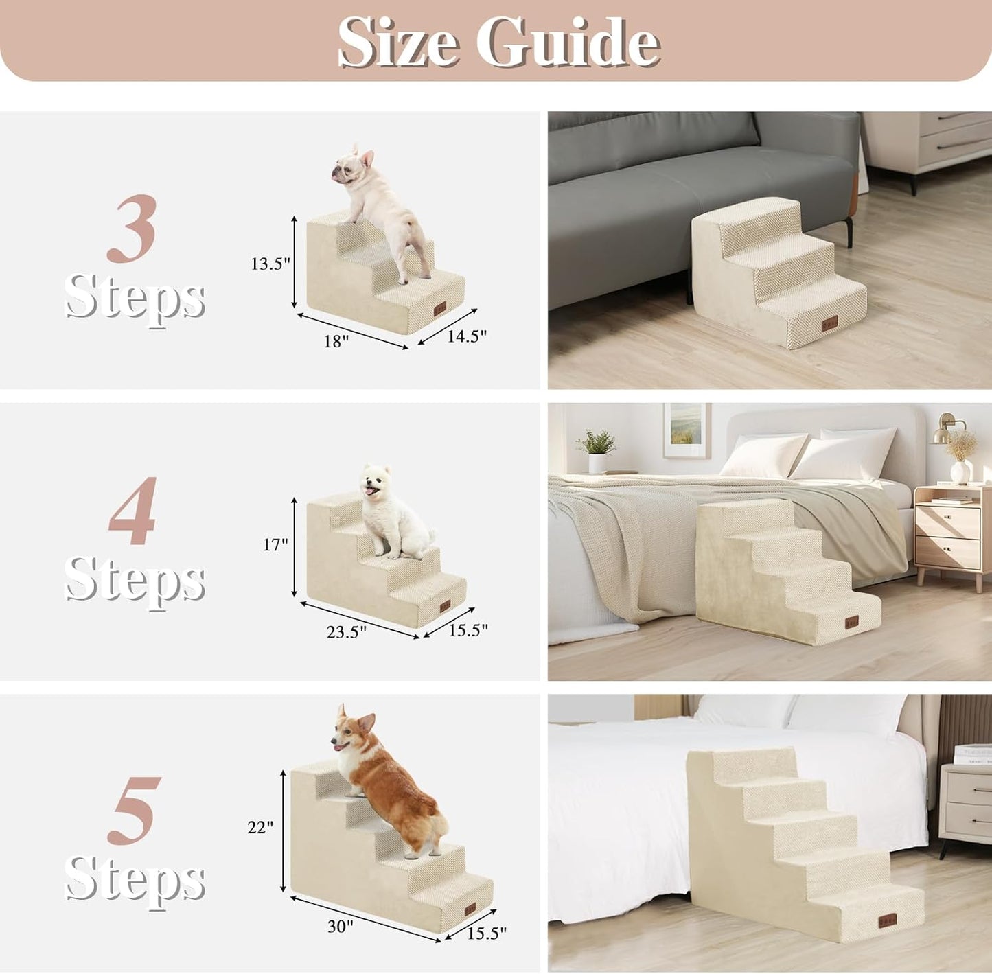 GGIB Dog Stairs for Small Dogs Pet Stairs for Sofa Couch Dog Ramp Pet Steps with Removable Washable Cover, Beige, 22" H, 5-Step
