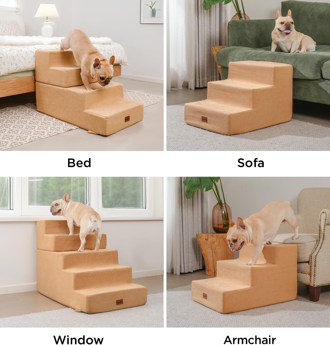 Made4Pets Dog Stairs for High Bed, Extra Wide Pet Stairs for Bed Couch Sofa, 35D Foam Pet Steps for Small Dogs and Cats, Non-Slip Bottom Dog Steps, Tan, 5 Steps