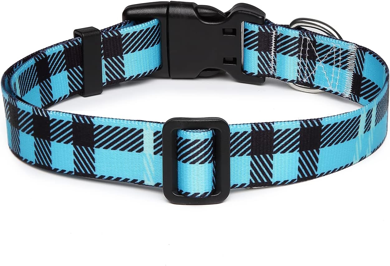 Mercano Adjustable Dog Collar - Special Design Patterns, Soft Nylon Comfortable Durable Pet Collar for Small Medium Large Dogs (L, Blue Plaid)