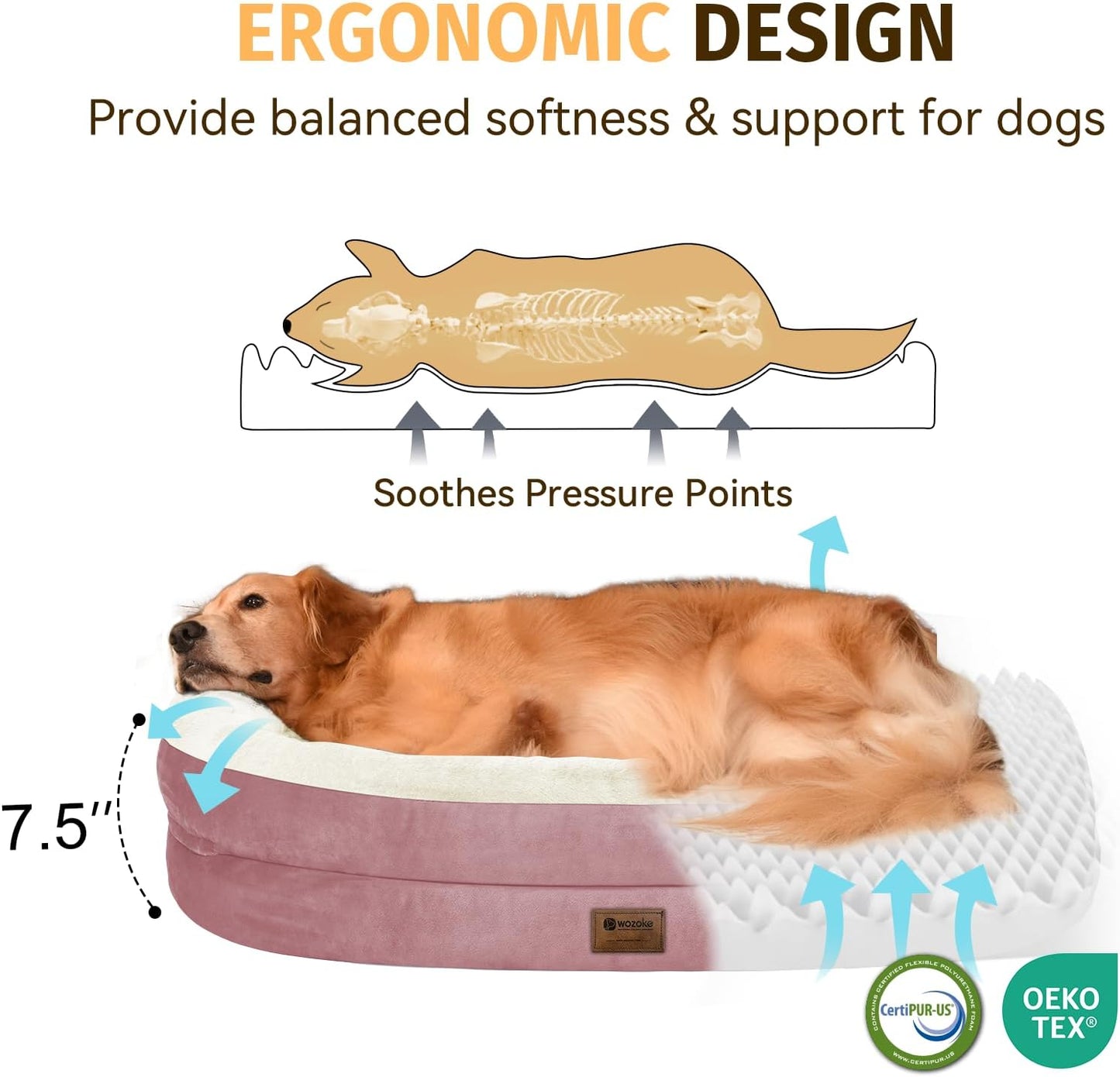 Orthopedic Waterproof Large Memory Foam Dog Bed: Washable Dog Bed with Bolsters - XXL Orthopedic Removable Cover for Medium Large Sized Pet - Non-Slip Bottom - Pink