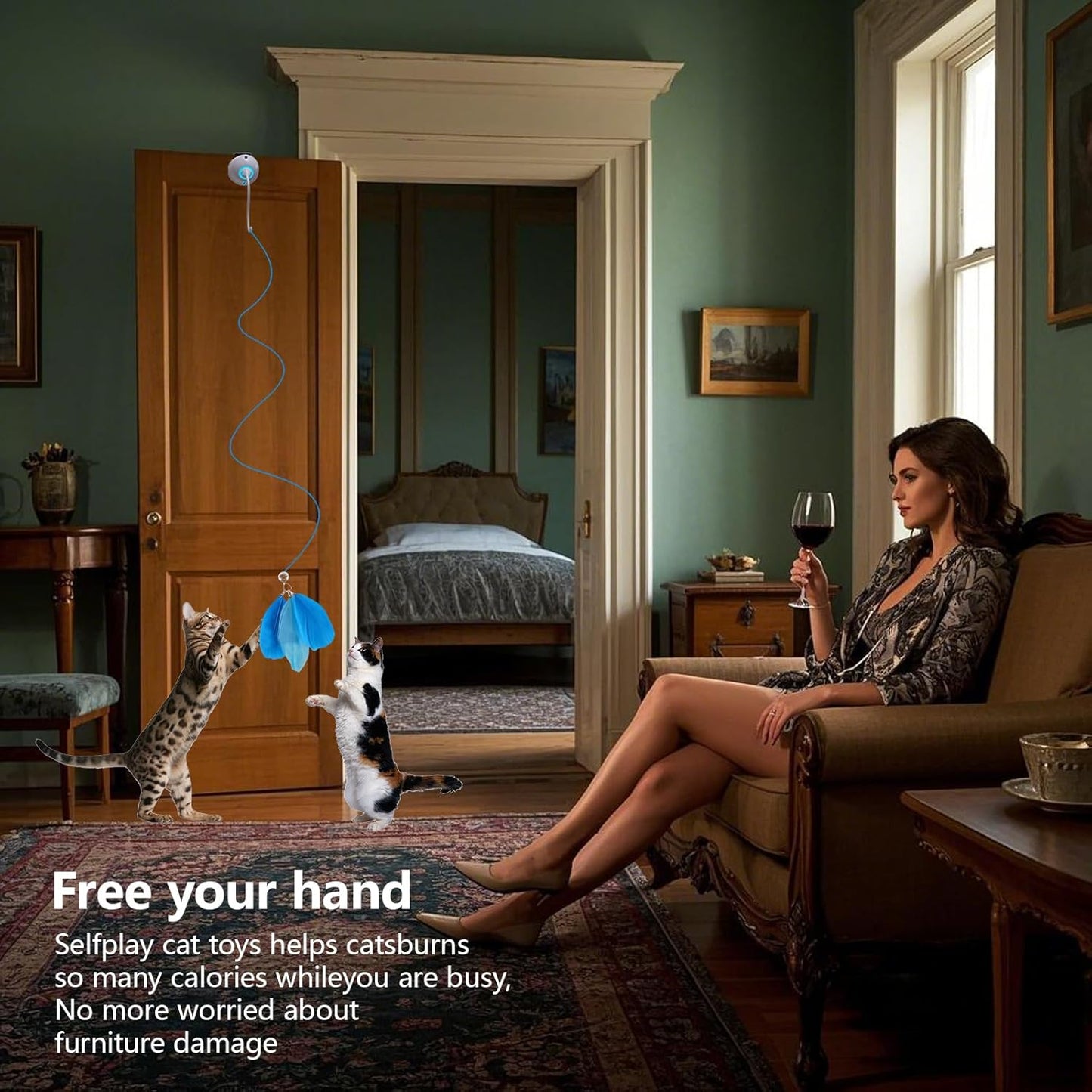 Cat Toys Interactive for Indoor, Cats Toy Hanging Door Electric for Bored, Feather Toy Kitten Rechargeable Door Hanging Automatic String with 4pcs Feather Toys, White