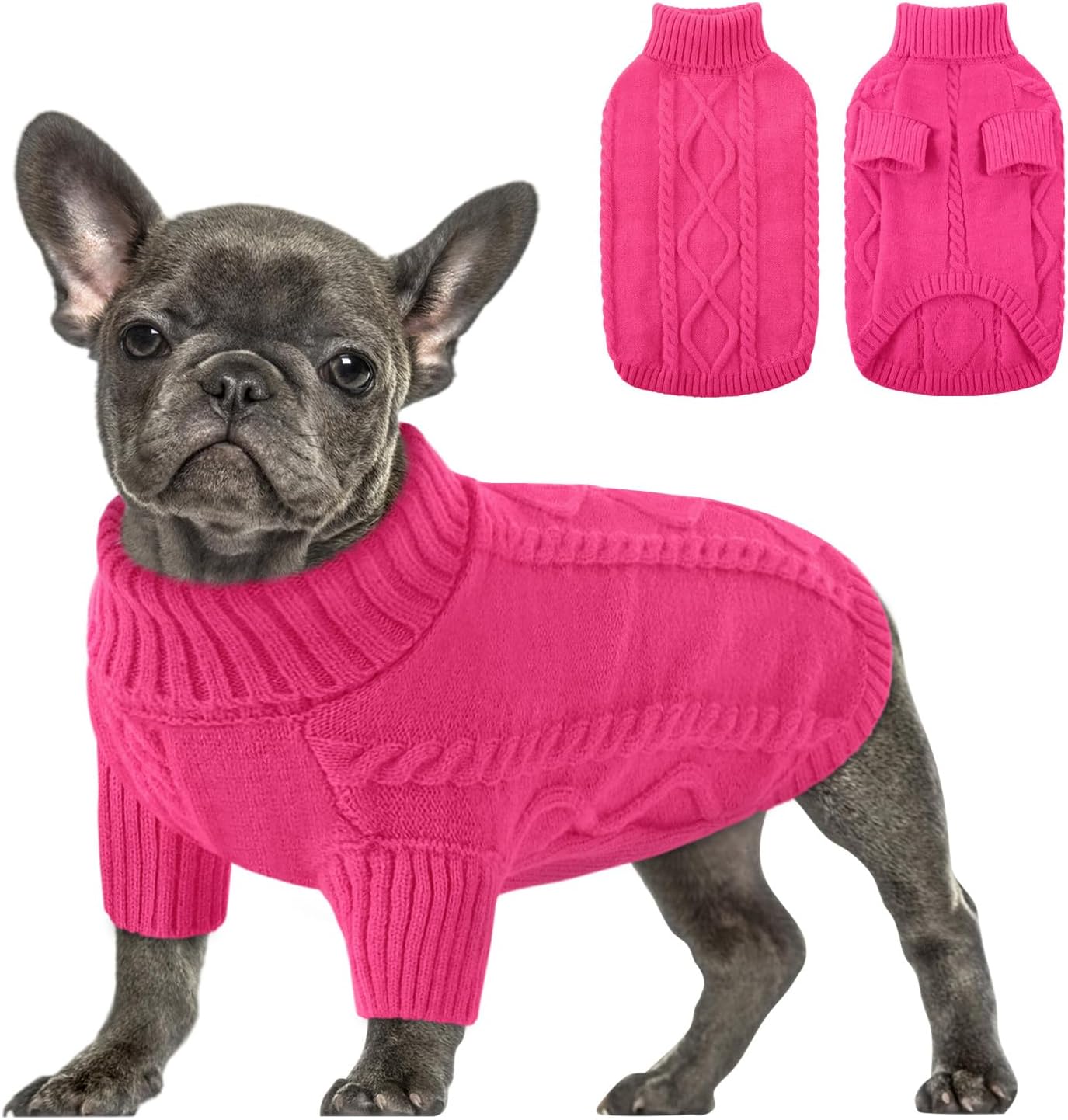 Queenmore Small Dog Pullover Sweater, Cold Weather Cable Knitwear, Classic Turtleneck Thick Warm Clothes for Chihuahua, Bulldog, Dachshund, Pug (Fuchsia, Large)