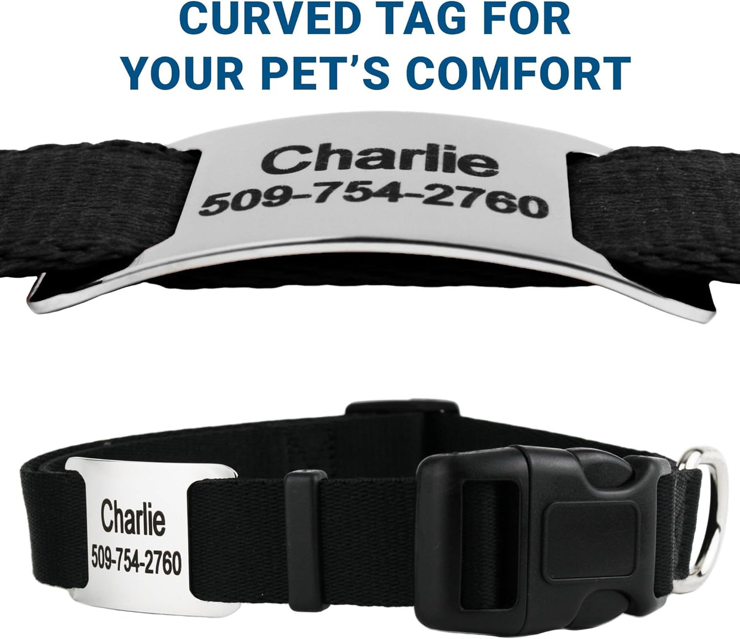 GoTags Personalized Dog Collar with Nameplate, Adjustable Dog Collar with Custom Engraved Slide On Pet ID Tag in Stainless Steel, Silent, No Noise Dog Tag (Beige, Medium)