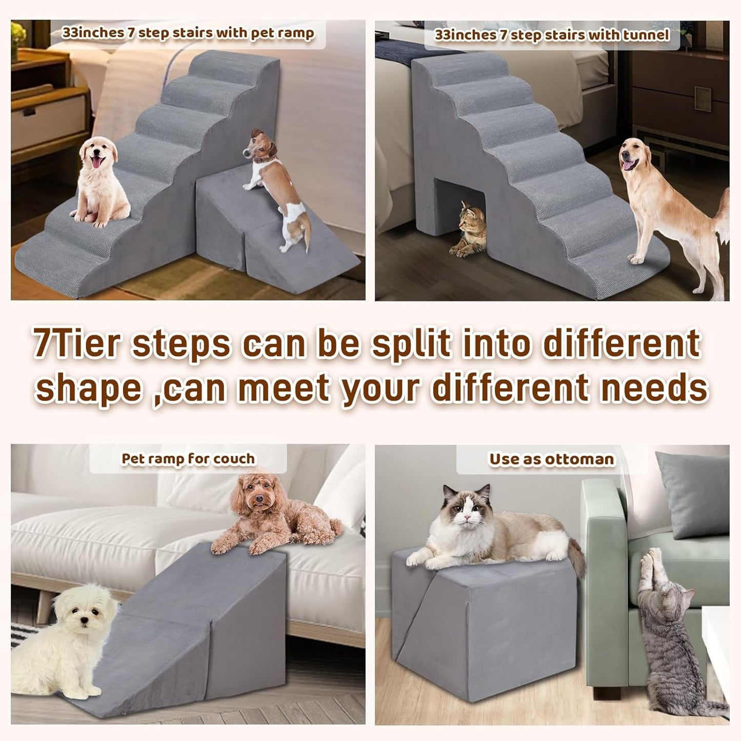 Dog Stairs & Steps for High Beds 30-36 inches High Tall, LitaiL 33inch 7 Steps Pet Stairs/Steps for High Beds Small Large Dogs, Non-Slip Dog Ramps/Ladder for Old Dogs/Cats