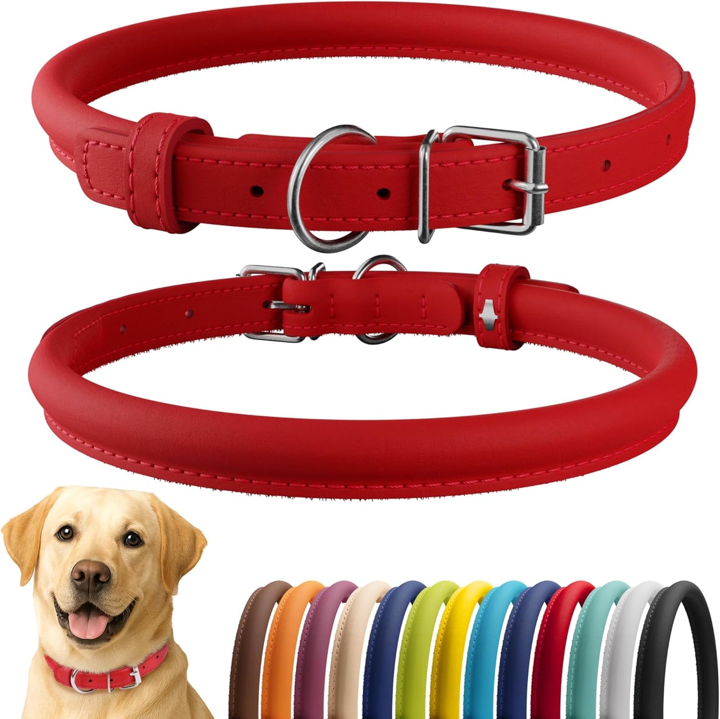 CollarDirect Rolled Leather Dog Collar, Soft Padded Round Puppy Collar, Handmade Genuine Leather Collar Dog Small Large Cat Collars 13 Colors (15-19 Inch, Red Smooth)