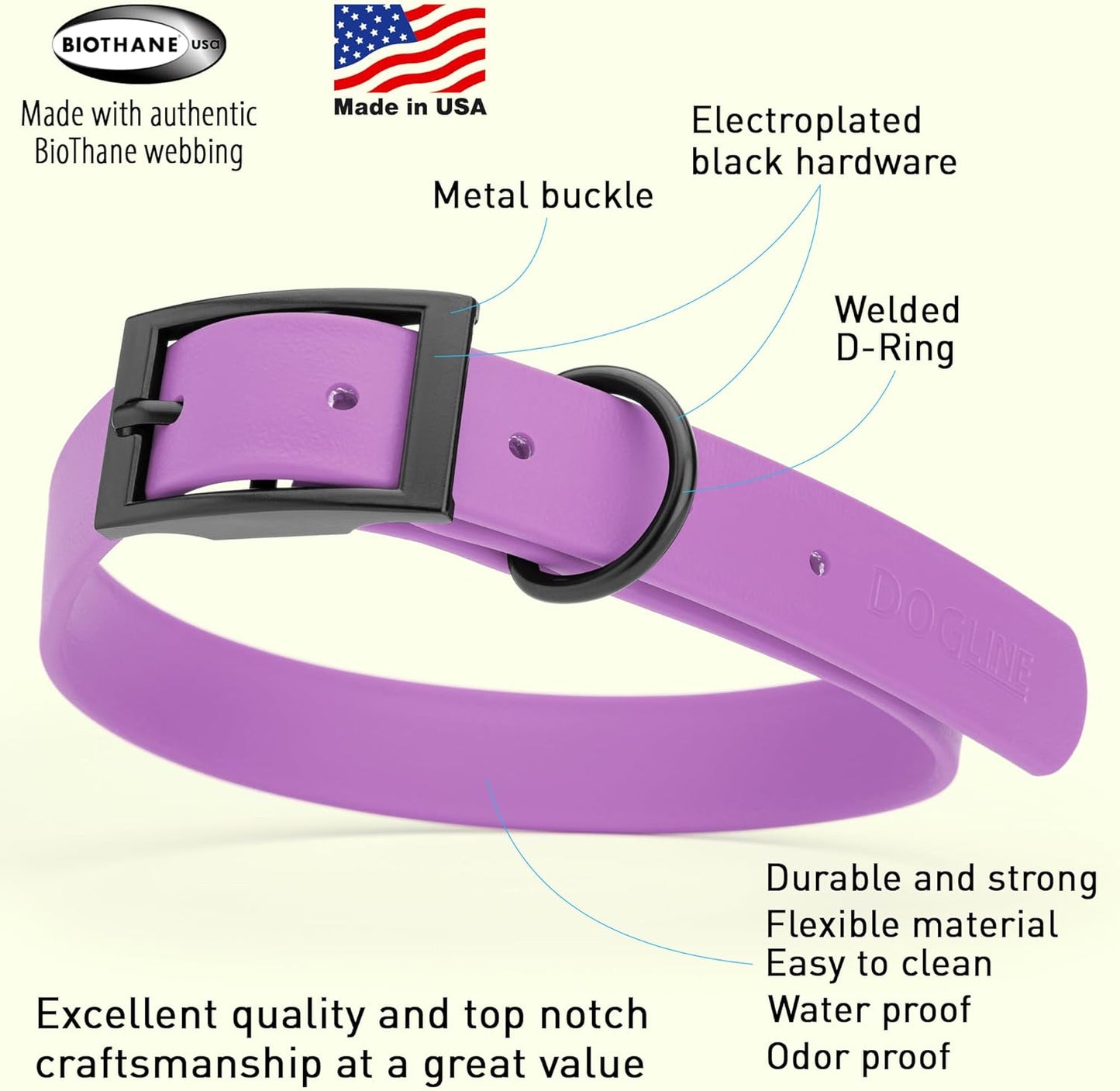 Dogline Biothane Waterproof Dog Collar Strong Coated Nylon Webbing with Black Hardware Odor- Proof for Easy Care Easy to Clean High Performance Fits Small Medium or Large Dogs, Amethyst Purple