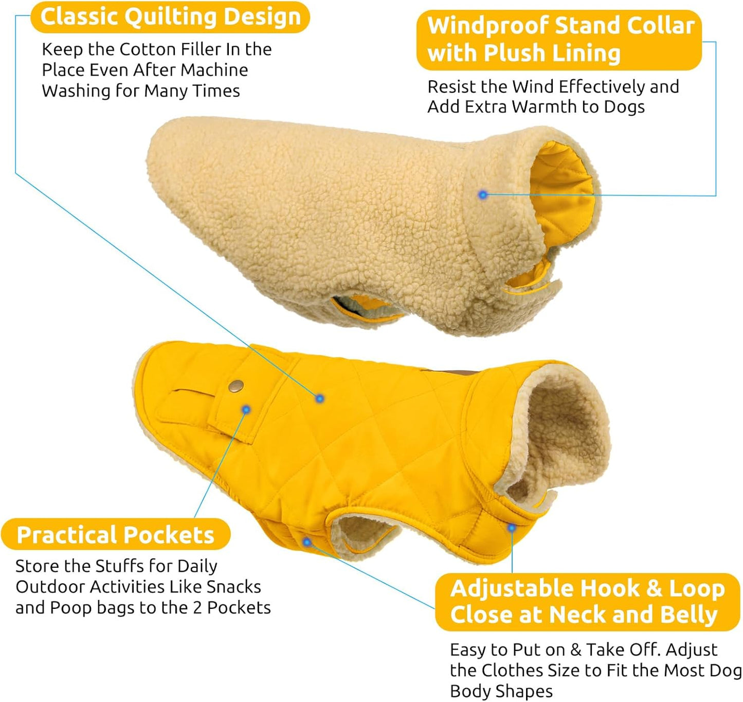 Queenmore Dog Winter Coat Warm Puffer Jacket Waterproof Plush Lining Thermal Cold Weather Vest for Small Medium Large Dogs, Windproof Easy On Pet Jacket Yellow L