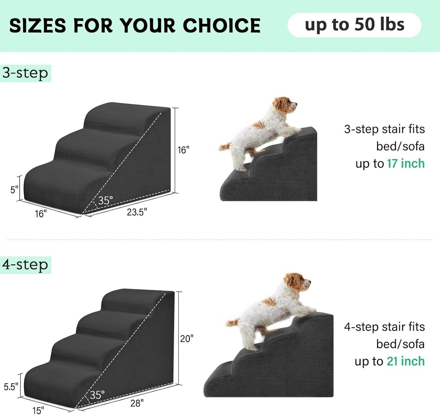 Dog Steps for Small Dogs, 3-Step Pet Ramp Stairs for High Beds and Sofa, Non-Slip Pet Stairs for Small Dogs and Cats, Removable and Easy to Clean Cover, Black