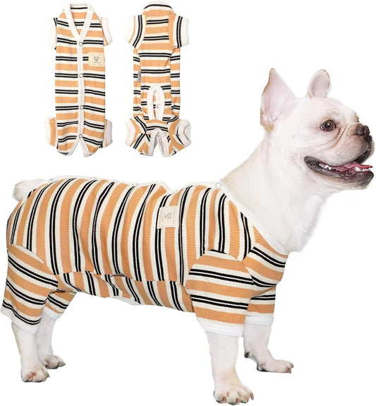 TONY HOBY Male Dog Pajamas, 4 Legged Dog Jumpsuit with Brown Stripe, Dogs Shirt for Small Medium Dogs (Brown, Boy, L)