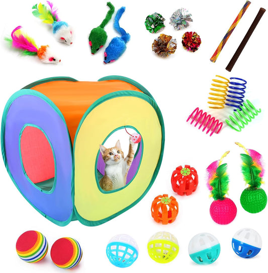 25-Piece Cat Toys Kit with Rainbow Cube Tunnel - Interactive Cat Toy Bundle for Indoor Cats, Kitten Playtime Variety Set Includes Springs, Balls, Mice & Noise Toys