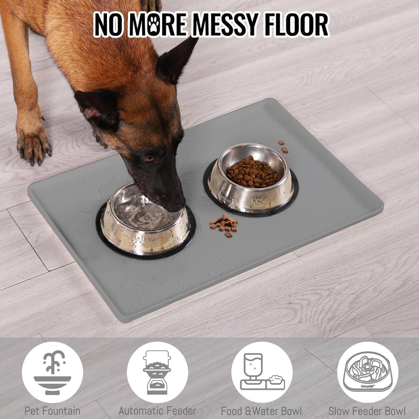 MateeyLife Cat & Dog Food Mat - Waterproof, Non-Slip Bowl Mat with Raised Edges, Silicone Matt Tray for Messy Drinkers, 22"x14", Grey