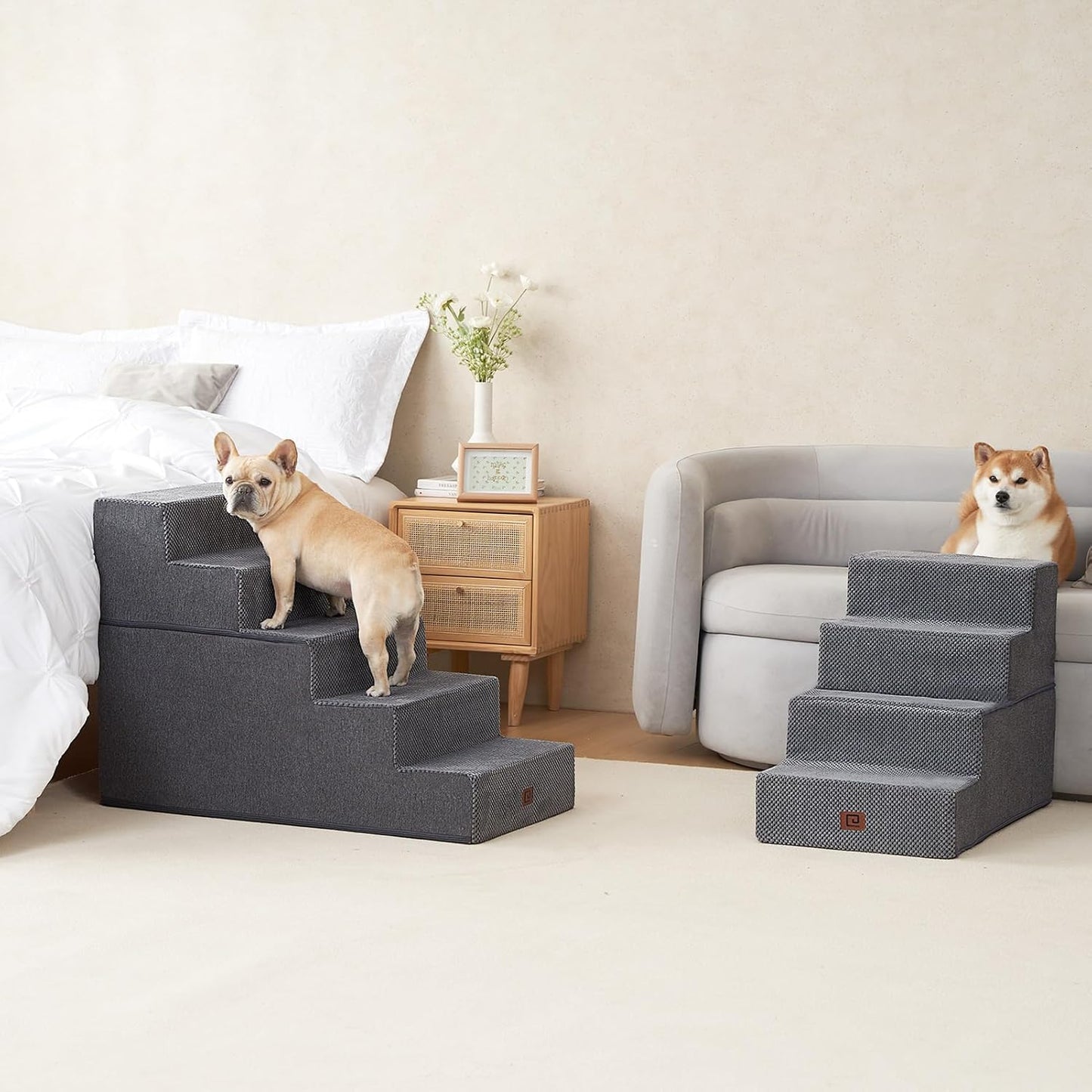 EHEYCIGA Dog Stairs for High Bed 25" H, 5-Step Extra Wide Dog Steps for Bed, Pet Steps for Small Dogs and Cats, Non-Slip Balanced Pet Ramp Indoor, Grey