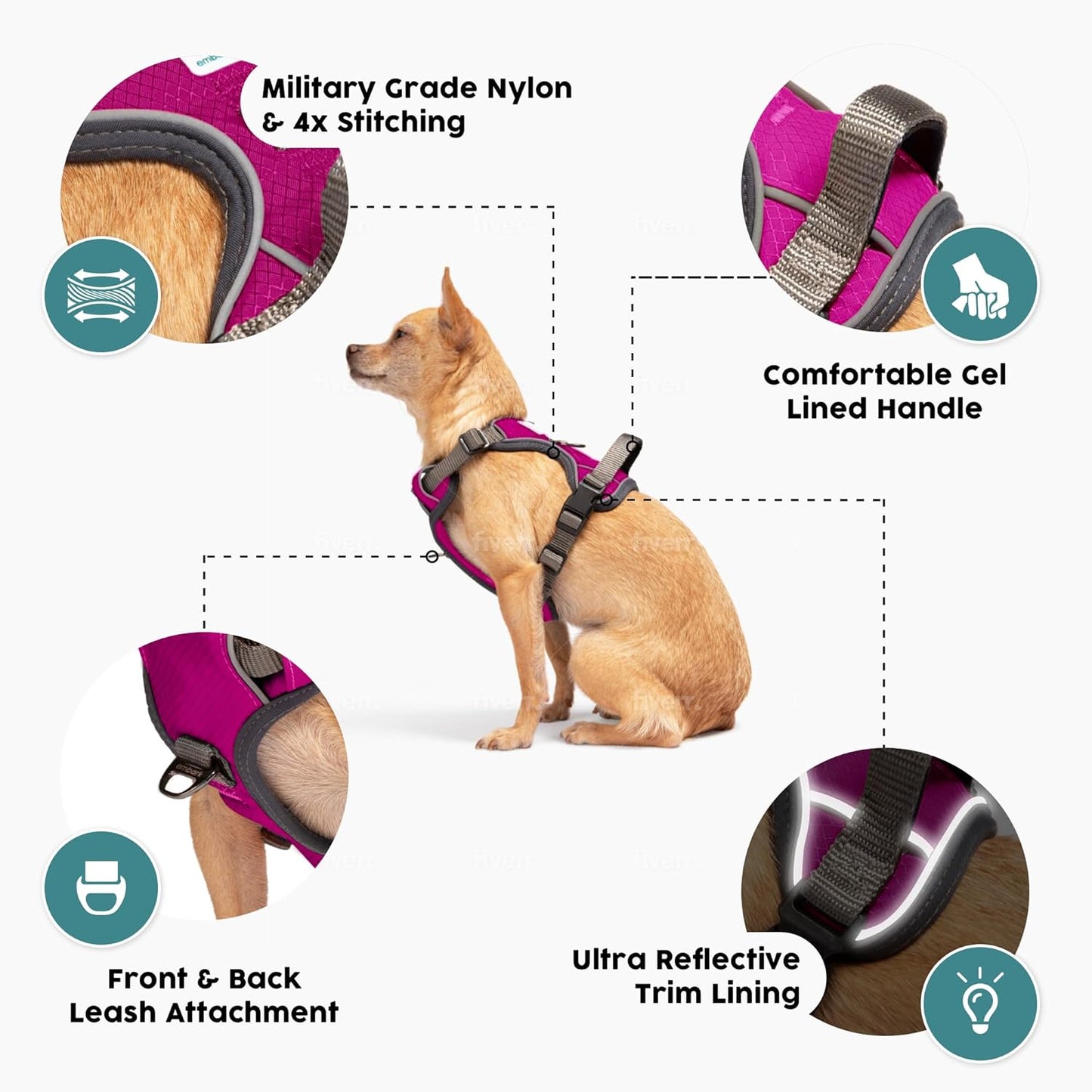Embark Adventure Dog Harness, Reflective Trim XL Dog Harness for Extra Large Dogs No Pull - Military Grade Nylon, 2 Leash Clips & Gel Lined Handle.
