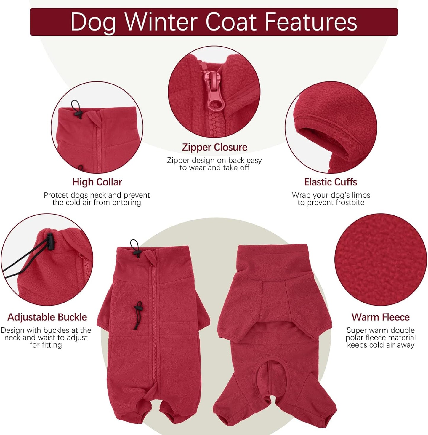 ROZKITCH Winter Dog Pajamas, Pet Windproof Warm Cold Weather Jacket Vest Cozy Jumpsuit Apparel Outfit Clothes for Small Medium Large Dog Walking Hiking Sleep Red 2XL