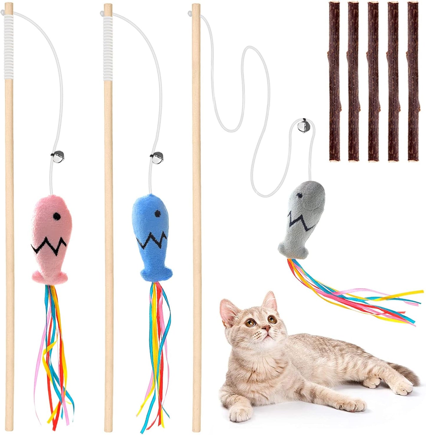 Natural Wood Cat Wand Toy with Ribbon Fish Teaser - 3pcs, 16 Inch, Indoor Cat Exerciser & Playing Kitten Toy, Bonus 5pcs Catnip Sticks for Teeth Cleaning
