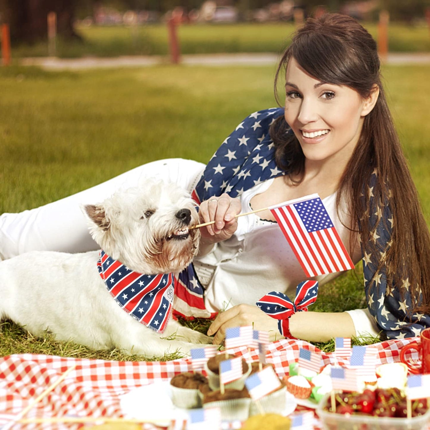 E-Clover 4th of July Dog Bandanas & Matching Scrunchie Set American Flag Dog Scarf for Medium Large Dogs Patriotic Pet Bandana Kerchief Bibs Owner Mom Matching Gifts
