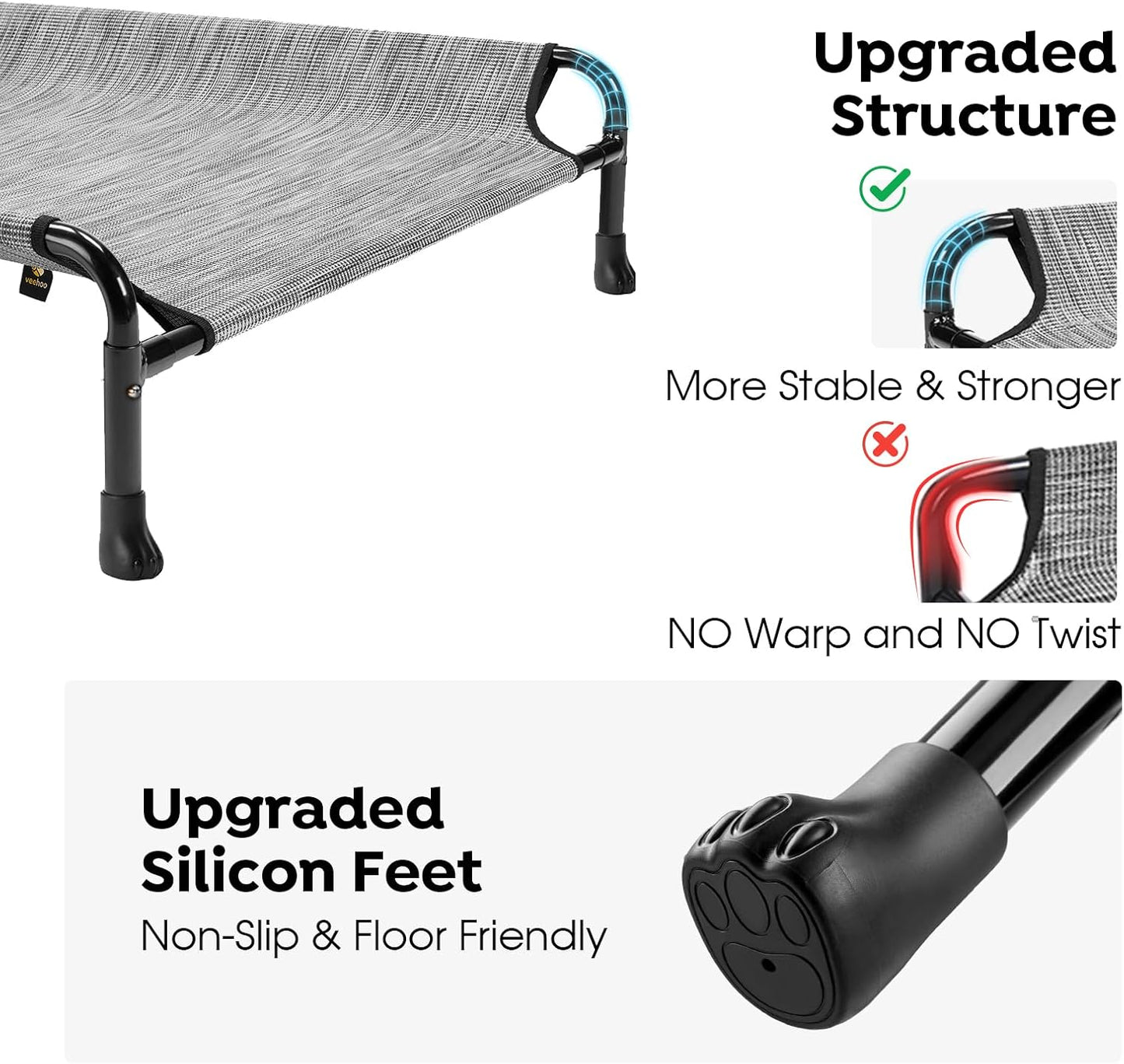 Veehoo Cooling Elevated Dog Bed - Raised Dog Bed with Guardrail, Non-Slip Portable Camping Cot, 41 x 27 Inches, Black Silver