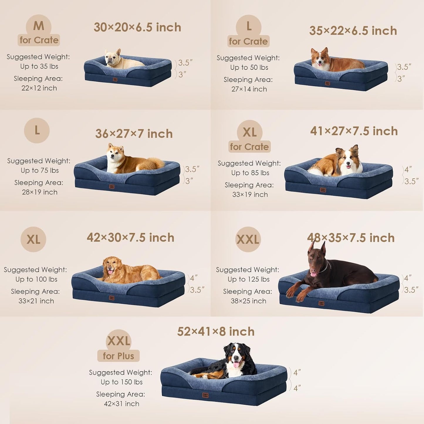 EHEYCIGA Memory Foam Dog Bed for Medium Size, Orthopedic Dog Sofa with Sides and Waterproof Liner, Washable Bolster Pet Couch with Removable Cover, 35x22x6.5 Inch, Navy