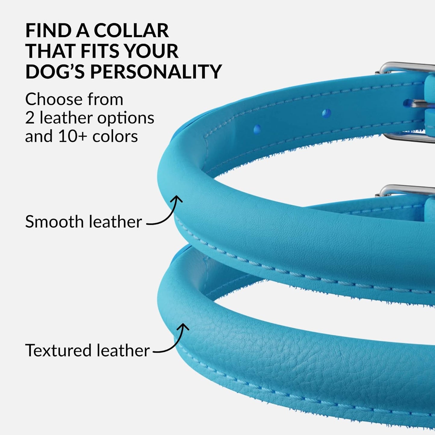 CollarDirect Rolled Leather Dog Collar, Soft Padded Round Puppy Collar, Handmade Genuine Leather Collar Dog Small Large Cat Collars 13 Colors (8-11 Inch, Light Blue Smooth)