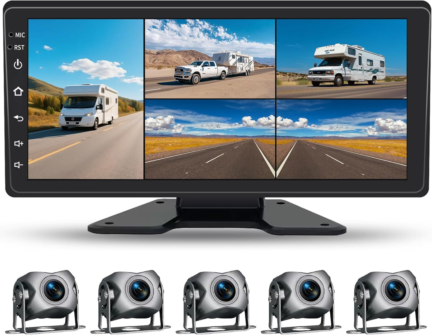 5 Channel Backup Camera System,Carplay & Android Auto,GPS Navigation, Touchable 11 inch Monitor with Loop Recording DVR car Stereo,1080P Rearview Camera for RV/Truck/Trailer Pickup,128GB Card