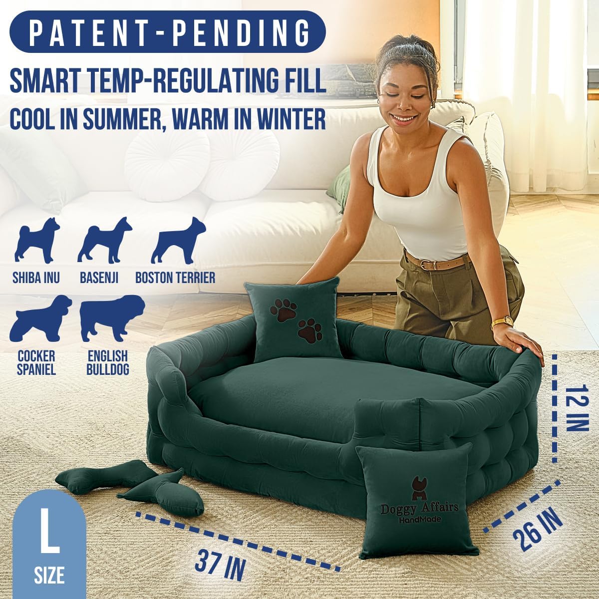 Luxury Dog Bed Chesterfield – Handcrafted Velvet Throne for Dogs | Joint Support, Calming & Temp-Regulating Comfort | Durable 5+ Years, Anti-Claw, Washable 100+ Times – L, Green