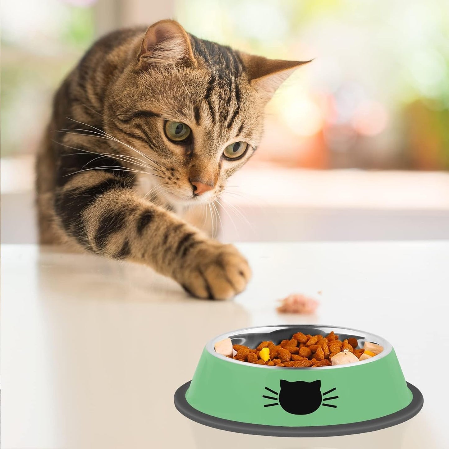 2 Pcs Non-Slip Stainless Steel Small Cat Food Bowls - Unbreakable, Thicken Cat Feeder 7 Oz Dishes with Removable Rubber Base, Easily Clean, Lovely Color