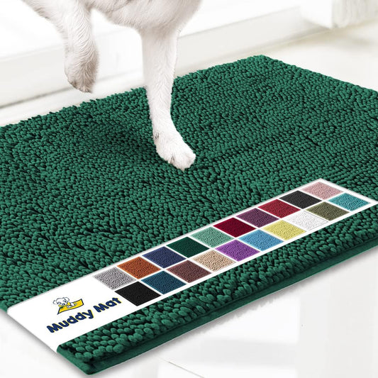 Muddy Mat® AS-SEEN-ON-TV Highly Absorbent Microfiber Door Mat and Pet Rug, Non Slip Thick Washable Area and Bath Mat Soft Chenille for Kitchen Bedroom Indoor and Outdoor - Dark Green 24" x 96"