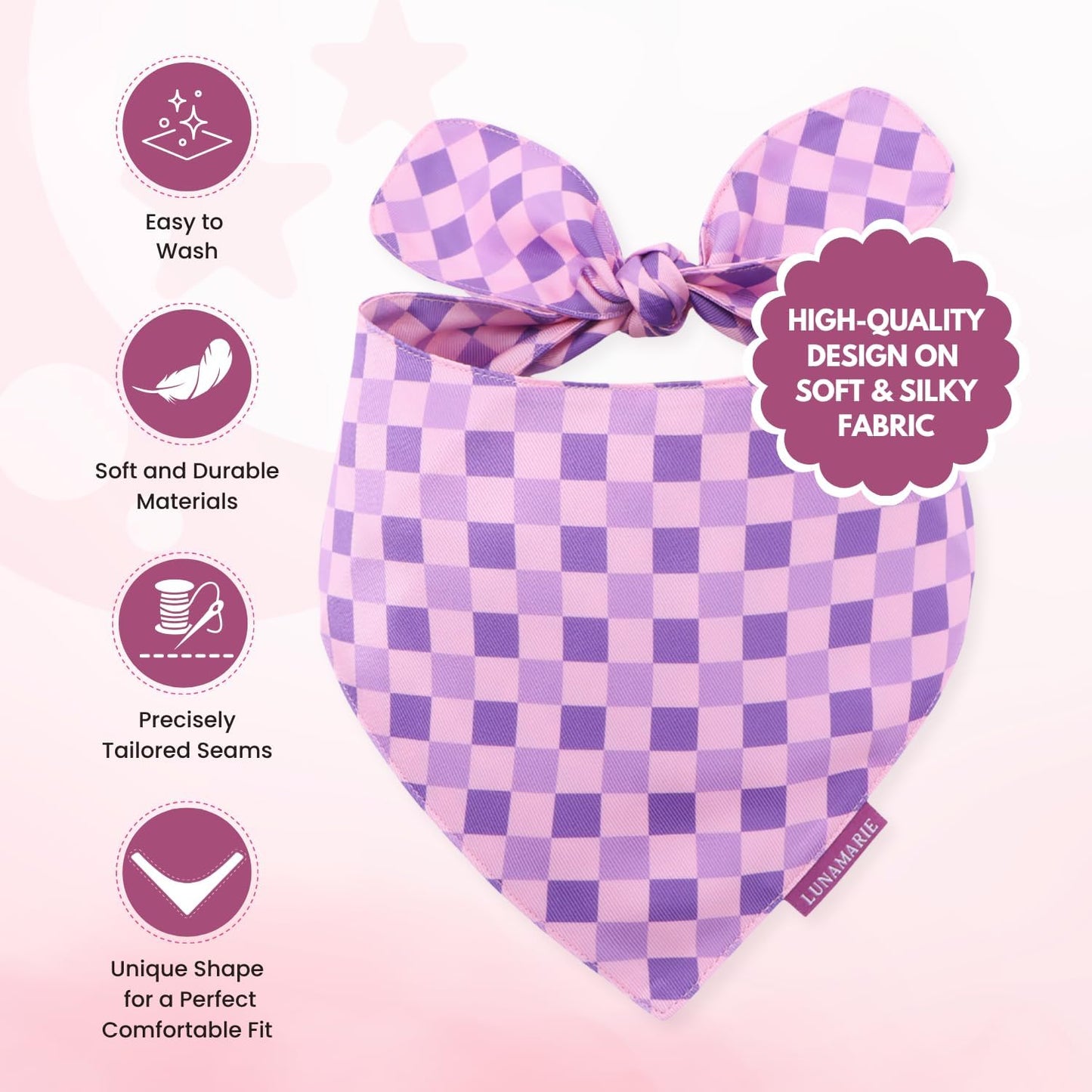 LunaMarie - Luxury Pet Birthday Bandanas -Premium & Silky Poly Fabric | 100% Handmade | Custom Shape Dual Layered (Violeta Rebel, Small)