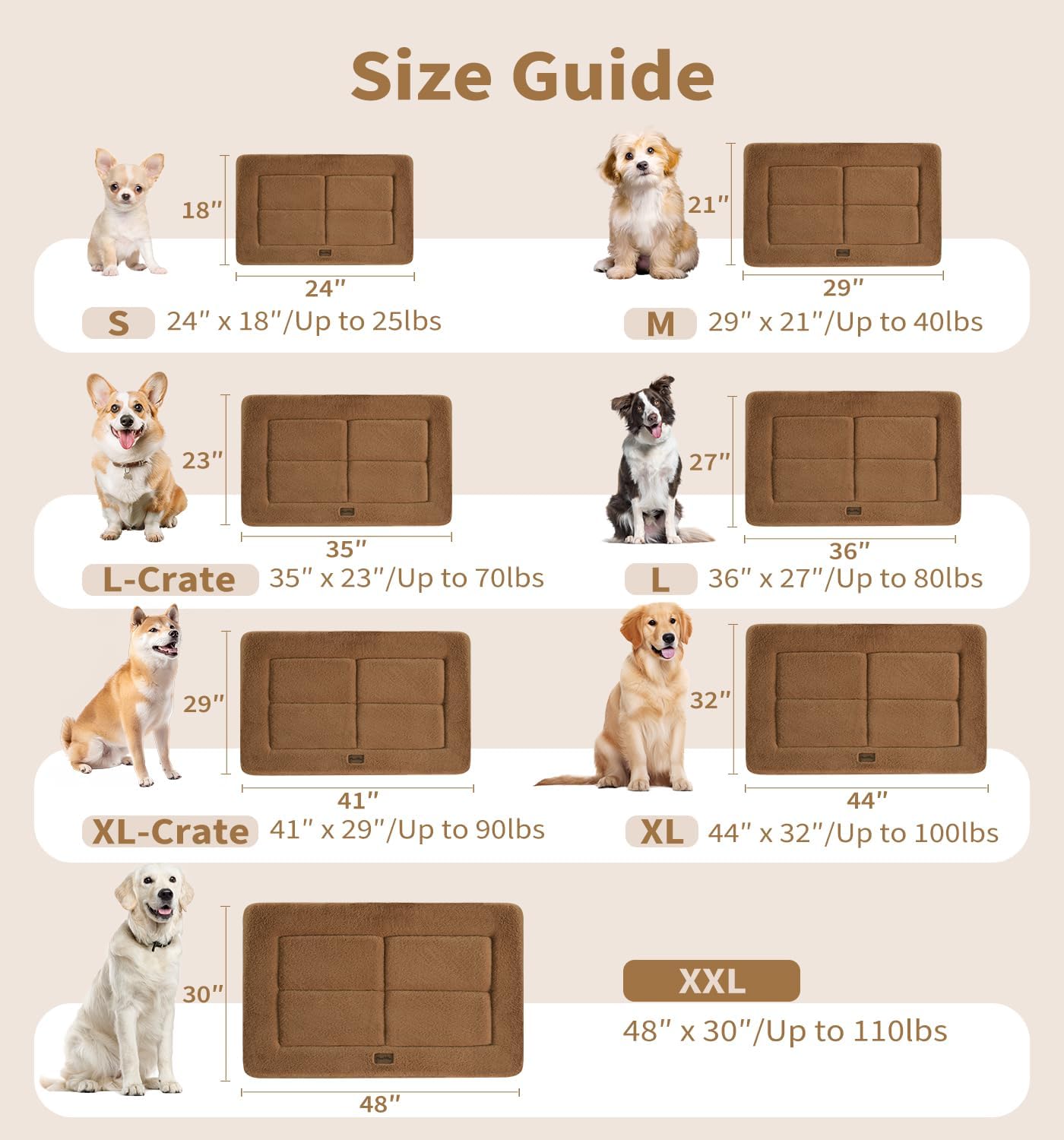 Made4Pets Dog Crate Pad Bed for Medium Dogs, Washable & Reversible, Anti-Slip Kennel Mat for Cozy Sleeping, Soft Fluffy Dog Bed for Indoor & Outdoor Use, 29"x21", Brown