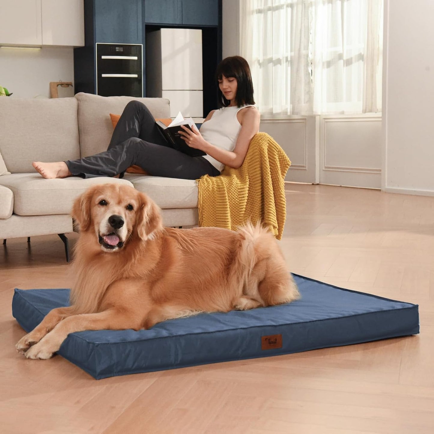 Large Outdoor All Weather Dog Bed, Waterproof Dog Bed for Large Dogs, Orthopedic Egg Foam Pet Bed with Washable and Removable Oxford Cooling Cover, Navy