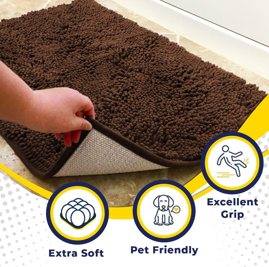 Muddy Mat® AS-SEEN-ON-TV Highly Absorbent Microfiber Door Mat and Pet Rug, Non Slip Thick Washable Area and Bath Mat Soft Chenille for Kitchen Bathroom Bedroom Indoor and Outdoor - Brown XXL 60"X48"
