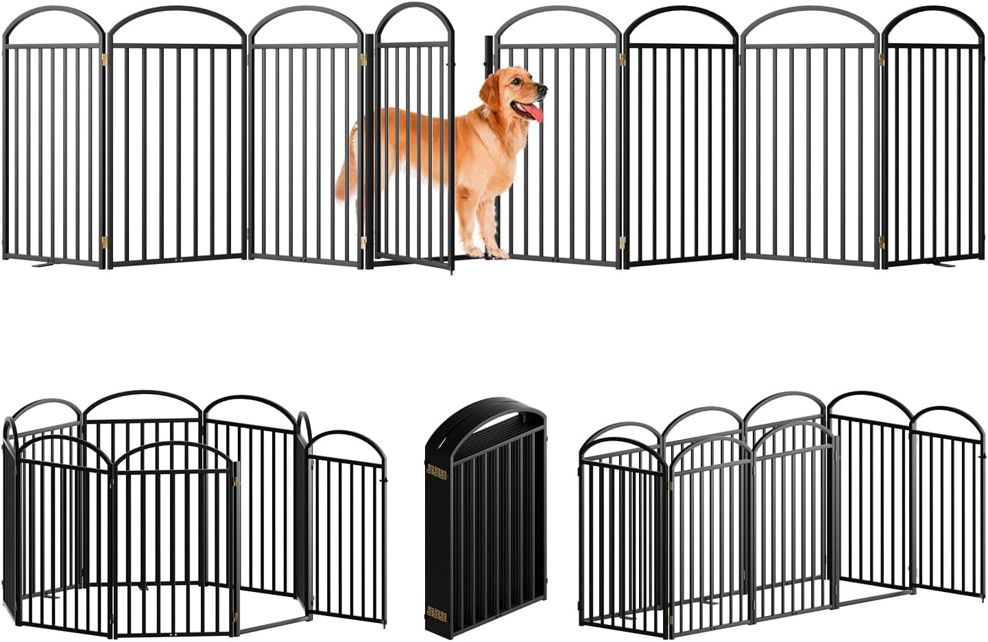 8 Panles Full Matel Freestanding Dog Gates with Door, 192"Extra Wide 36"Tall Free Standing Dog Pet Gate for Indoor & Outdoor. Foldable Pet Fences for Doorways, House, Stairs, Porch, Deck, Yard