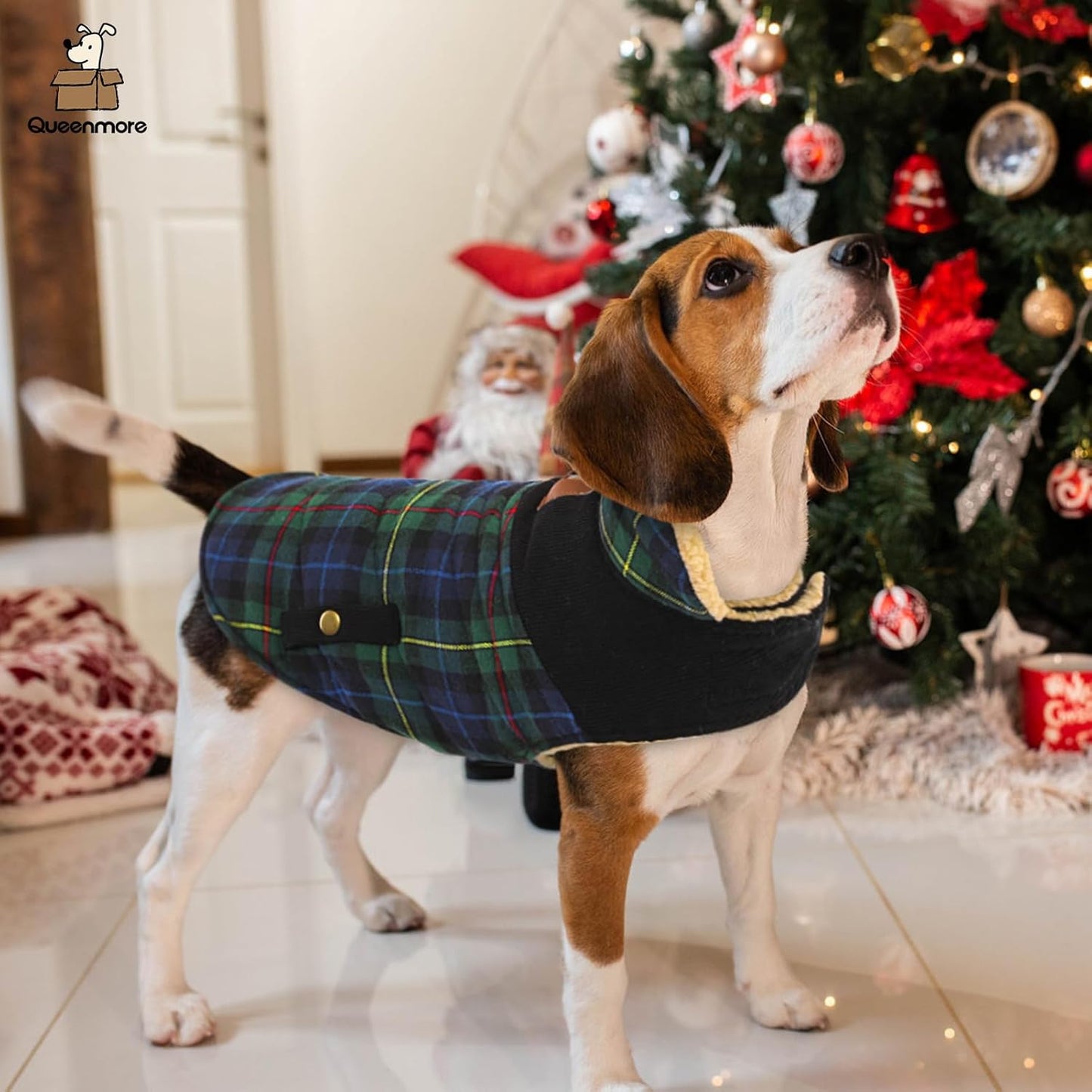 Queenmore Dog Winter Coat Warm Dog Jacket for Cold Weather, Quilting Puffer Plaid Coats for Small/Medium Dogs Waterproof,Girl/Boy Pet Christmas Coat,Pet Snowsuit with Leash Hole/Fleece Padding, M