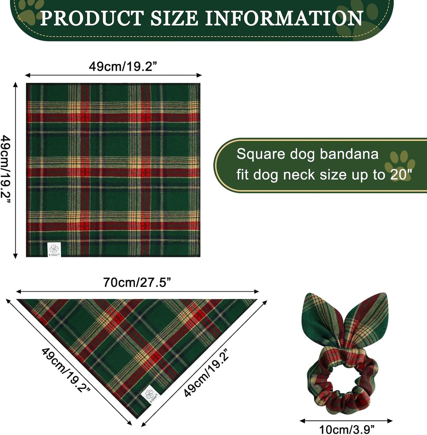 E-Clover Dog Bandana & Matching Scrunchie - Green Red Plaid Pet Scarf, Cute Costumes Accessories for Small Medium Large Dogs