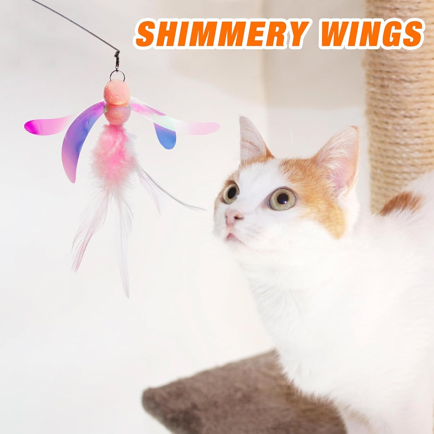 JXFUKAL Cat Feather Toy Refills, 4Pcs Simulation Butterfly Dragonfly Glitter Piece Feather Cat Lures Wand Attachment Replacement for Kitty Kitten Indoor Cats Accessories