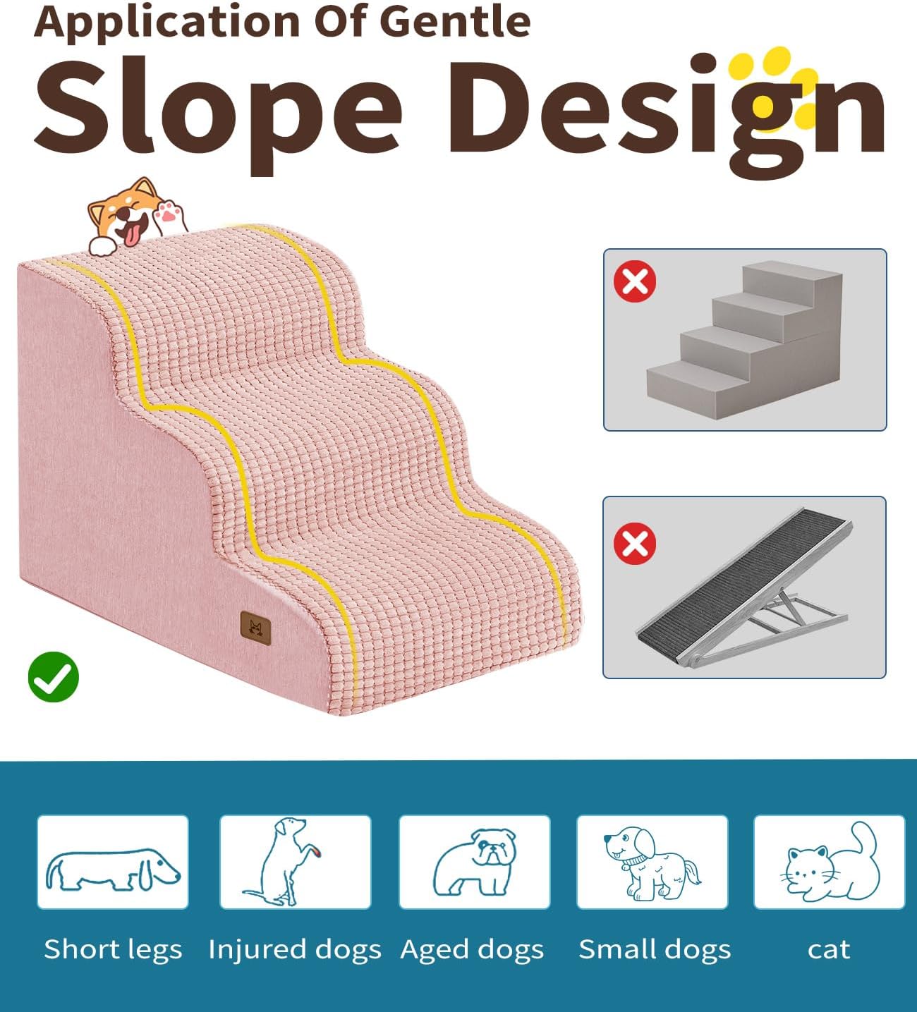 Dog Step for Bed, Dog Stair 3-Step 35D Pet Stair 15.7" H for High Bed or Sofa Non-Slip Balanced Pet Step Indoor, Pink