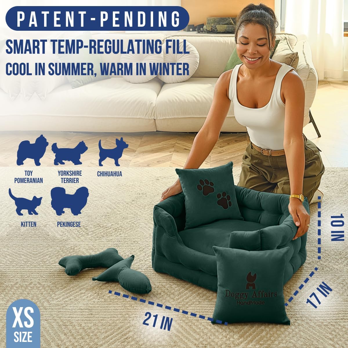 Luxury Dog Bed Chesterfield – Handcrafted Velvet Throne for Dogs | Joint Support, Calming & Temp-Regulating Comfort | Durable 5+ Years, Anti-Claw, Washable 100+ Times – XS, Green