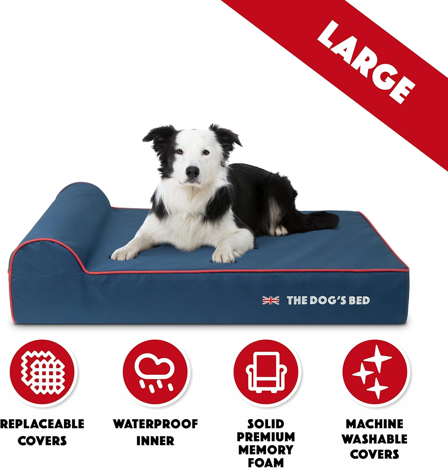 The Dog’s Bed Orthopedic Headrest Dog Bed Large Blue Oxford with Red Trim UK Flag Dog Bed 40x25, Memory Foam, Hip & Elbow Dysplasia, Post Surgery Veterinary Approved, Waterproof Washable Cover